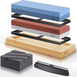 【送料無料】砥石セット 包丁研ぎ 両面砥石 #400/1000/3000/8000 荒砥・中砥・仕上げ用 家庭用 料理店用 竹製滑り止め台付き 角度固定ホルダー 面直し 研ぎ器 日本語説明書付