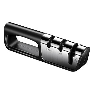 【送料無料】ナイフ研ぎ器 包丁研ぎ器 ナイフシャープナー 3段階 粗研ぎ/中研ぎ/仕上げ研ぎ 小型 手動 刃物研ぎ はさみ研ぎ 軽量 便利 滑り止め 扱いやすい 耐摩耗性 (黒です)