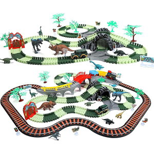 【送料無料】恐竜 おもちゃ 知育玩具 レールセット 大冒険 259点 組み立て おもちゃ ミニカー 電車 電動車両付き 音効果 鉄道玩具 恐竜フィギュア 8匹 立体パズル DIY 組立自由 女の子 男の子