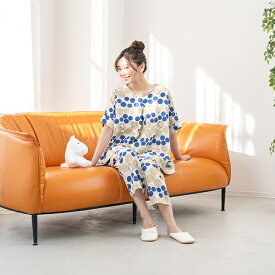 【MOOMIN ムーミン】×【Amour アムール】ムーミンとリトルミィ 二重ガーゼ シャーリング プリント パジャマ 半袖8分ズボン　綿 夏 母の日 上下セット コットン ギフト プレゼント プルオーバー かぶり レディース 可愛い 旅先