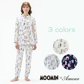 【MOOMIN ムーミン】×【Amour アムール】婦人パジャマ アルファベット＆ムーミン谷の仲間たちプリント　スムースかぶりパジャマ