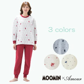 【MOOMIN ムーミン】×【Amour アムール】ムーミン&リトルミィシルエット　ドット柄　キルトジャカード　かぶりパジャマ ルームウェア 長袖 長ズボン レディース 女性 婦人 シニア 高齢者 60代 70代 80代 大人 大人っぽい 大人可愛い 冬 冬用 秋冬 綿100 綿100%