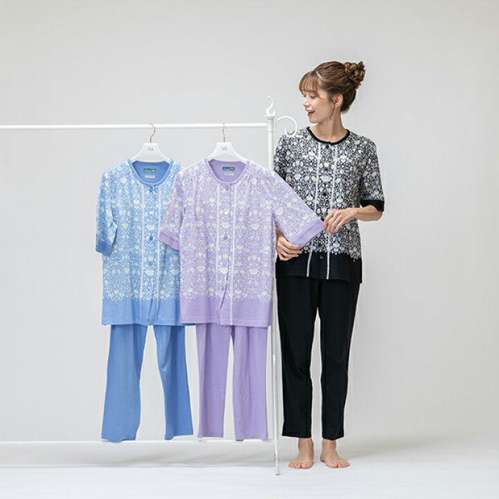 楽天市場】【V&A】衿なし ハーフ強燃天竺プリント前開きコットン  