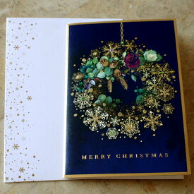 クリスマスカード「ゴールドの雪の結晶とバラのゴージャスなリース」【ネコポス可】
