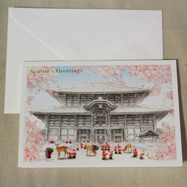 日本の風景のクリスマスカード『奈良東大寺大仏殿と鹿とサンタクロース』