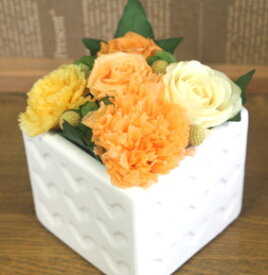 【送料込】プリザーブドフラワーのカーネーションとバラのアレンジメント｢ハートキューブ」(オレンジ） 【母の日・ホワイトデー・結婚・誕生日・合格・卒業・退職・入学・就職・お祝い・お礼】