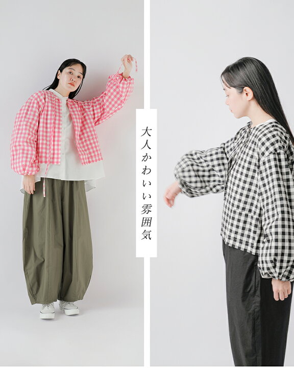 楽天市場】＜☆3＞Gauze# ガーゼ ギンガム ランタン スリーブ ブラウス 