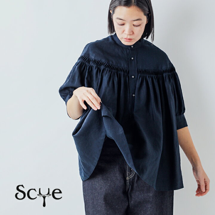 Scye】リネンピンタックプルオーバーブラウス（ダークネイビー／40）
