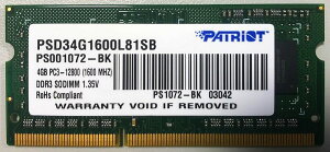 PATRIOT pgIbg VioN 1Nۏ PC3L-12800S DDR3L-1600 4GB SO-DIMM d m[gPCp PSD34G1600L81SB