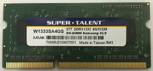 SuperTalent TX`bv PC3-10600 DDR3-1333 4GB 204pin SODIMM m[gPCp [W[ oNi W1333SA4GS