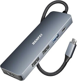 BENFEI 5in1 USB C ハブ、4K HDMI、3 USB-A、100W パワーデリバリー、シリコンおよび織物デザインケーブル、アルミニウムケース、MacBook Pro/Air、iPad Pro、iPS、Thinkpad に対応