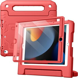 JEDirect 子供用 iPad 10.2インチ ケース (第9/8/7世代、2021/2020/2019) 液晶保護フィルム付き 耐衝撃 フルボディハンドルスタンド タブレット保護カバー (レッド)