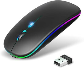【Type-C充電式】 マウス Bluetooth5.2 無線 ワイヤレス 静音 瞬時接続 超薄型 小型 高感度 USB充電式 2.4GHz 3段階DPI切替 7色ライト付 持ち運び便利 省エネルギー 光学式 bookに対応 (black)