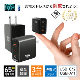 ACアダプター Type-C充電器 USB充電器 3台同時充電 iPhone17充電 Airpods/アップルウォッチ Type-Cポート iOS/Android対応 PD 65W 急速充電 窒化ガリウム充電器 USB-Aポート 互換性抜群 安全保護機能搭載 ノートPC/タブレット ゲーム機充電 【PL保険加入済み製品・安心】