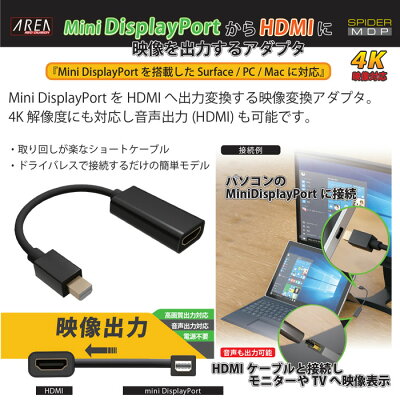 楽天市場 Area Minidisplayport Hdmi 映像出力アダプター 映像変換 Pc Mac Surface 4k対応 高画質出力 音声出力 電源不要 テレワーク 在宅ワーク 会議 Sd Midp4kh エアリアダイレクト楽天市場店