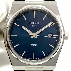 中古 腕時計 メンズ ティソ TISSOT PRX T137410A クォーツ ネイビー デイト表示 革ベルト 100m防水