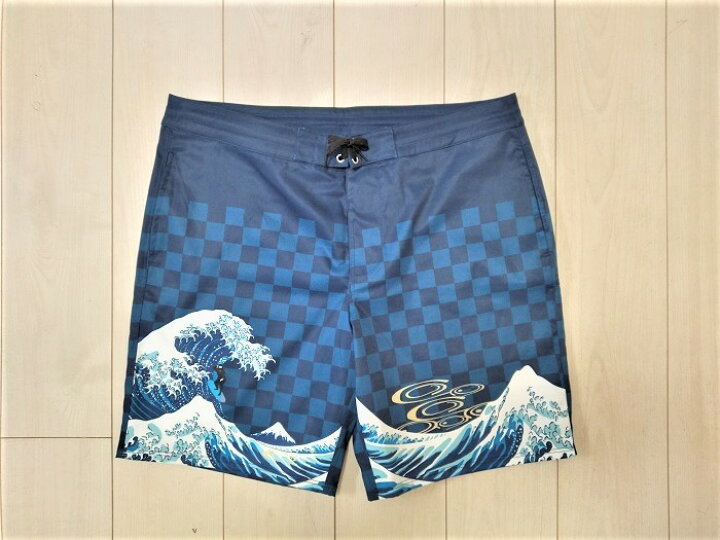 楽天市場 メンズ 水着 サーフパンツ ボードショーツ 水陸両用 ブルー 青 忍者 波 富士山 北斎 市松模様 海パン 海水パンツ トランクス ハーフパンツ ひざ丈 膝丈 海水浴 プール 海外旅行 海外 S M L プレゼント バレンタイン かっこいい おしゃれ プリント 和風 和柄