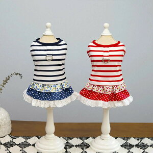【送料無料】犬服 夏服 ワンピース 袖なし 春 夏 小型犬 Dカン付き 韓国風 お揃い 女の子 ボーダー柄 キャミソール 可愛い 綿製