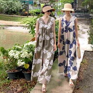 サマードレス 多用途ドレス ムームー ルーズ ノースリーブ ハワイアン柄 花柄ドレス ロング丈 スイングタ…