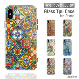 ガラス スマホケース iPhoneケース iPhone14 13 mini Pro iPhone12 iPhone SE XR ケース TPUケース ガラス 9H 強化ガラス 背面ガラス おしゃれ エスニック ネイティブ ネイティブ柄 アジアン かわいい