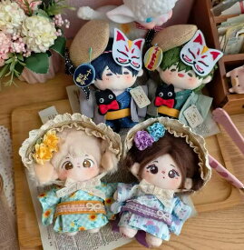10cm-13cm ぬい服 ハイカラ浴衣コーデ セット 帽子 キツネのお面 選べる4種 推し活 男の子 女の子 夏 祭り ちびぬいぐるみ 緑 青 黄 紫 和装 袴 着物風