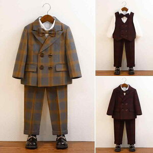 子供用スーツ 男の子用 フォーマル 格子柄 ジャケット ベスト パンツ セットアップ 春秋冬 花婿の介添え ピアノ 発表会 演奏会