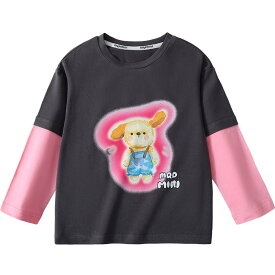 Tシャツ ガールズ 春秋 長袖 ストライプ 切り替え 8歳以上 140cm以上 ベビー トップス 子供服 中大童 綿92% 幻彩ウサギ 白 炭グレー