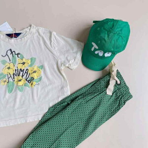 Tシャツ キッズ 長袖Tシャツ ロングパンツ 上下セット 春秋 男女兼用 子供服 トップス パンツ セットアップ 綿100% 丸首 ベージュ グリーン チェック柄 野球帽(x2)