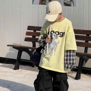 Tシャツ キッズ 男の子 子供服 小中学生 犬柄 ドッグ カートゥーン 格子柄 長袖 コットン100% 春秋 イエロー(x3)