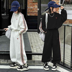 子供用 ジャージ スウェット 上下セット 女の子 春秋 スポーツウェア ハート柄 トップス パンツ 2点セット 普段着 通学着 運動着 120cm 130cm 140cm 150cm 160cm 170cm グレー ブラック