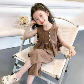 子供用セットアップ ノースリーブ ワイドレッグパンツ 2点セット 女の子 夏物 8歳以上 向け かわいい ドット柄 薄手 通気性 聚酯纤维（涤纶） 140cm 150cm
