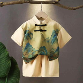 子供用セットアップ キッズ 男の子 唐装風 上下セット 夏 薄手 半袖 チャイナスタイル 普段着 おしゃれ着 グリーン系 グラデーション