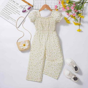 ロンパース 女の子 小花柄 半袖 ポリエステル 高腰 8歳 140cm 淡黄色 かわいい おしゃれ お出かけ