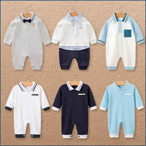 ベビー服 ロンパース POLOシャツ風 コットン 綿 新生児 赤ちゃん 春秋 長袖 カジュアル 普段使い かわいい 象柄 紺色 白(x3)