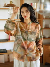 シャツ レディース 春夏 苎麻 リネン ブラウス スタンドカラー 長袖 プルオーバー エスニック レトロ トップス カットソー ゆったり Aライン おしゃれ
