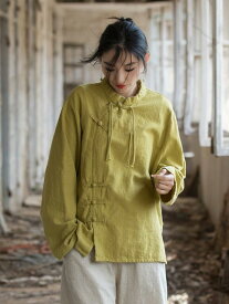 Tシャツ レディース リネンコットン 手作りチャイナボタン 長袖 トップス ゆったりサイズ 文芸風 皮ピンク 姜 普段使い リラックスウェア