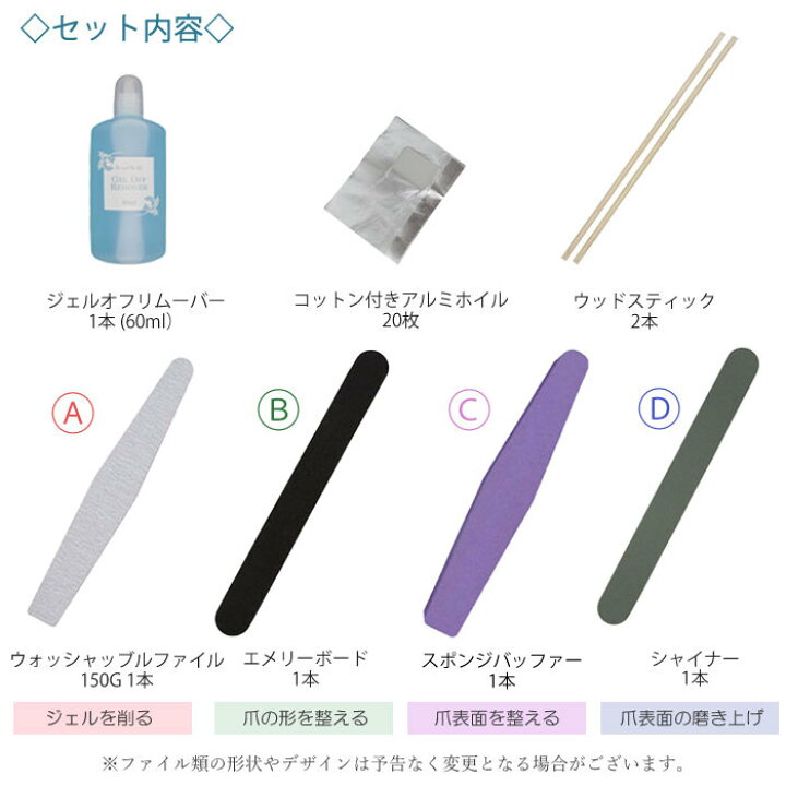 楽天市場 メール便送料無料 ジェルネイル オフ セット キット 説明書付 60ml ソークオフ ジェルオフ リムーバー オフセット オフキット リムーバー ネイル オフ アルミ コットン ウッドスティック エメリー エメリーボード ファイル スポンジバッファー シャイナー