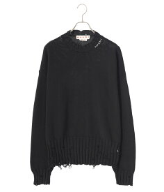 【送料無料】MARNI / マルニ : CREW NECK L/S SWEATER : ブラック ハンドメイド アクセント ロゴ 刺繍 ほつれ クルーネック セーター コットン ボクシーフィット イタリア : GCMG0210A0-UFC652【RIP】