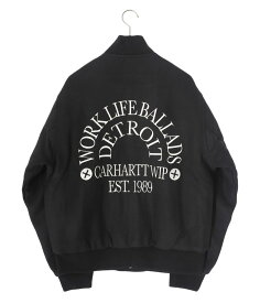 Carhartt WIP / カーハート ワークインプログレス : WORK VARSITY BOMBER : ワーク バーシティ ボンバー スタジャン 刺繍 黒一色 シンプル 袖通しの良さ ゆったりシルエット 存在感あるデザイン ナイロンサテン生地 : I032435【NOA】【REA】