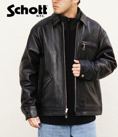 Schott / ショット : LEATHER TRACKER JACKET : レザー トラッカー ジャケット T/Cワークジャケット ラムレザー レザージャケット アウター 革ジャケット 革ジャン メンズ ブラック 羊革 本革 定番 肉厚 経年変化 モダン アメカジ カジュアル : 3121034【AST】