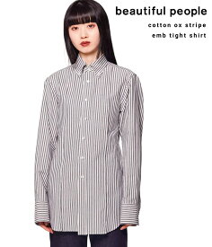 beautiful people / ビューティフルピープル : 【レディース】cotton ox stripe emb tight shirt : コットンオックスストライプエンボスタイトシャツ レギュラカラーシャツ ストライプ サーフロゴ刺繍 光沢素材 レディース : 1425106004【ANN】