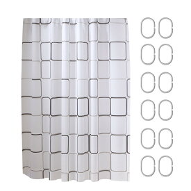 シャワーカーテン 防水防カビ加工 カーテンリング付属 シャワールーム用カーテン　間仕切りカーテン 浴室 バスルーム バスタブ 目隠し プライバシー保護 格子柄 180×180cm (ホワイト)