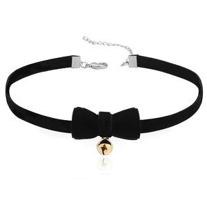黒ベロアリボンチョーカー 金の鈴 ネックレス チョーカー リボン 鎖骨チェーン ブラック セクシー コスプレ パーティ ゴスロリ サイズ調整 (ブラック)