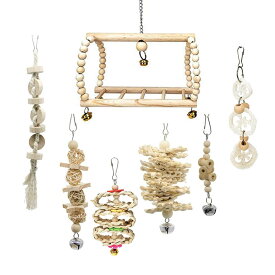 バードトイ 鳥おもちゃ オウムブランコ 鳥グッズ 鳥の遊び場 吊下げタイプ玩具 セキセイインコおもちゃ 噛む玩具 組み合わせ 棚 台 ペット用品 7点セット（木の色）