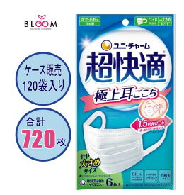 【 選べる枚数・お徳にまとめ買い 】 超快適マスク やや大きめサイズ 6枚入り 4袋・5袋・6袋・8袋・10袋・ケース(120袋入り)プリーツタイプ 不織布 日本製 耳が痛くなりにくい 大きめサイズ 極上耳ごこち ユニ・チャーム 耳にやさしい