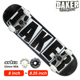 【スケボー/スケートボード/完成品】【送料無料】BAKER（ベーカー）TEAM BRAND LOGO BLACK WHITE 8 or 8.125 or 8.25インチ コンプリートセット　/ 初心者 はじめて ストリート sk8 skateboard arktzレンチ、スケートバッグ付き