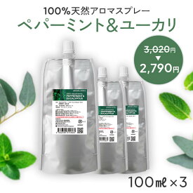 【詰め替え まとめ買い】 天然アロマ 消臭スプレー ペパーミント&ユーカリ 3点セット(100ml詰替用×3) | 精油 ペパーミント ミント ユーカリ グロブルス アロマ スプレー エコパック つめかえ リフィル ルームフレグランス 消臭 芳香剤 消臭剤 アロミックスタイル