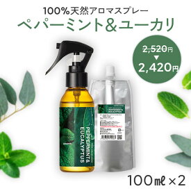 【最大450円OFFクーポン】天然アロマ 消臭スプレー ペパーミント&ユーカリ 2点セット(100ml＋100ml詰替用) | 精油 ペパーミント ミント ユーカリ グロブルス アロマ スプレー ルームフレグランス ルームスプレー 芳香剤 消臭 除菌 リフレッシュ アロミックスタイル