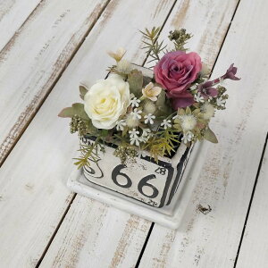 植木鉢 3.5号鉢 陶器 受皿付き 四角型 底孔あり 底穴あり小型 小さい 小ぶり おしゃれ アンティーク風ルート.66 アメリカン雑貨 シャビー ジャンク風男前インテリア ルート66 フラワーポット3.