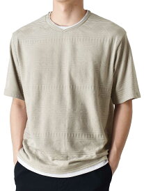 カットソー Tシャツ メンズ 総柄 ストレッチ 重ね着風 半袖【ゆうパケット送料無料】【2-C2P】